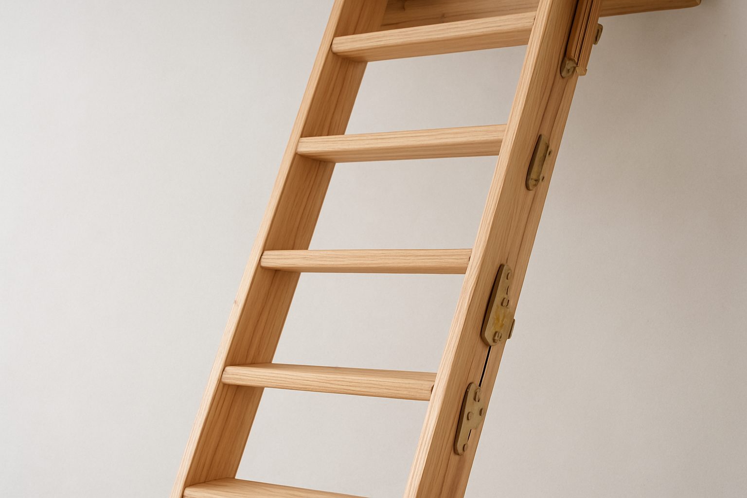 Close-up of a wooden loft ladder leaning against a light wall
